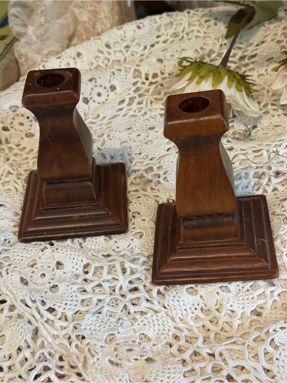 Vintage Classic Brown Wood Candlestick Holders - Unbranded